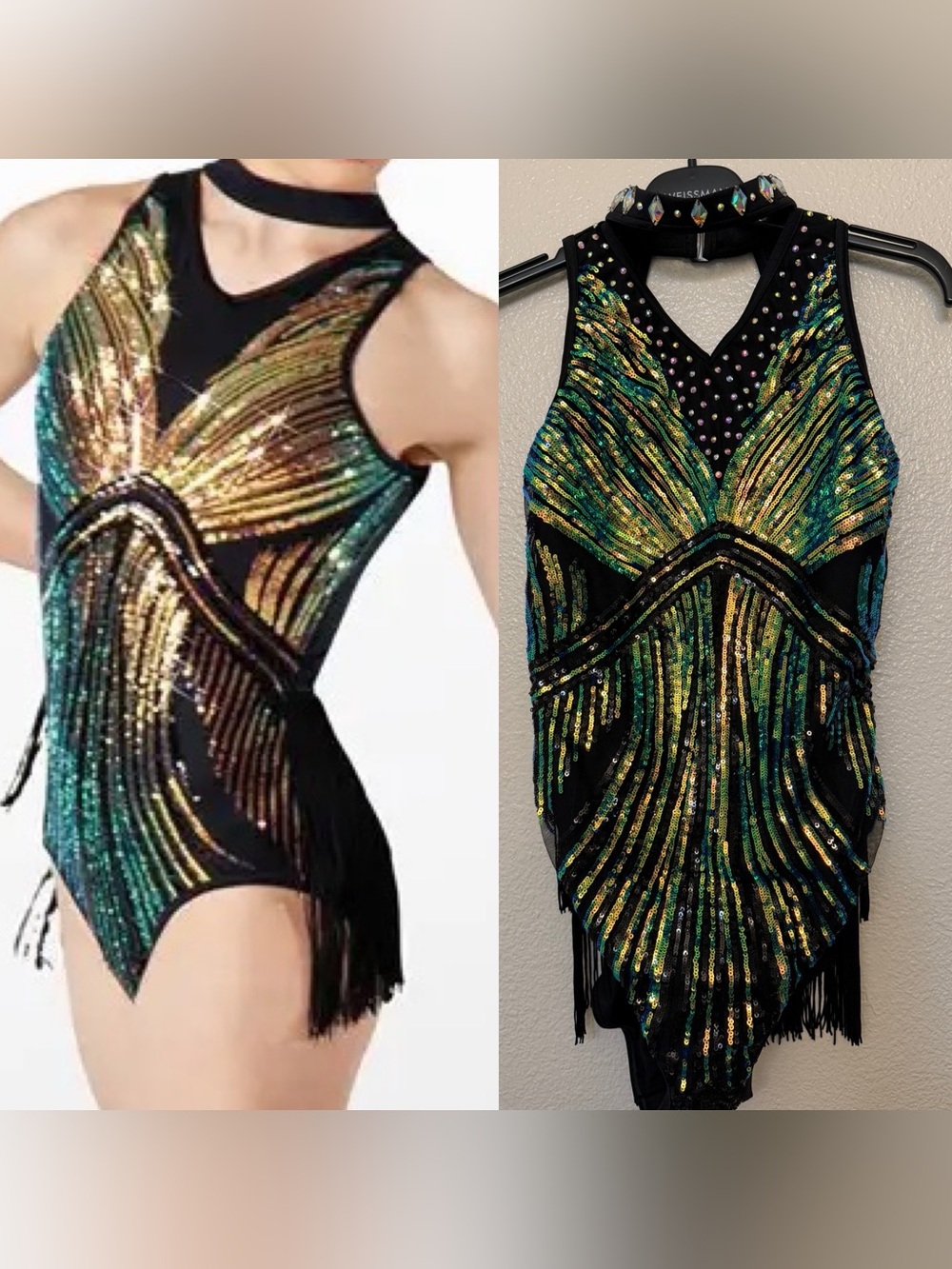 WEISSMAN custom Dance Costume black gold sequin fringe Goddess Way NV12023 XSA